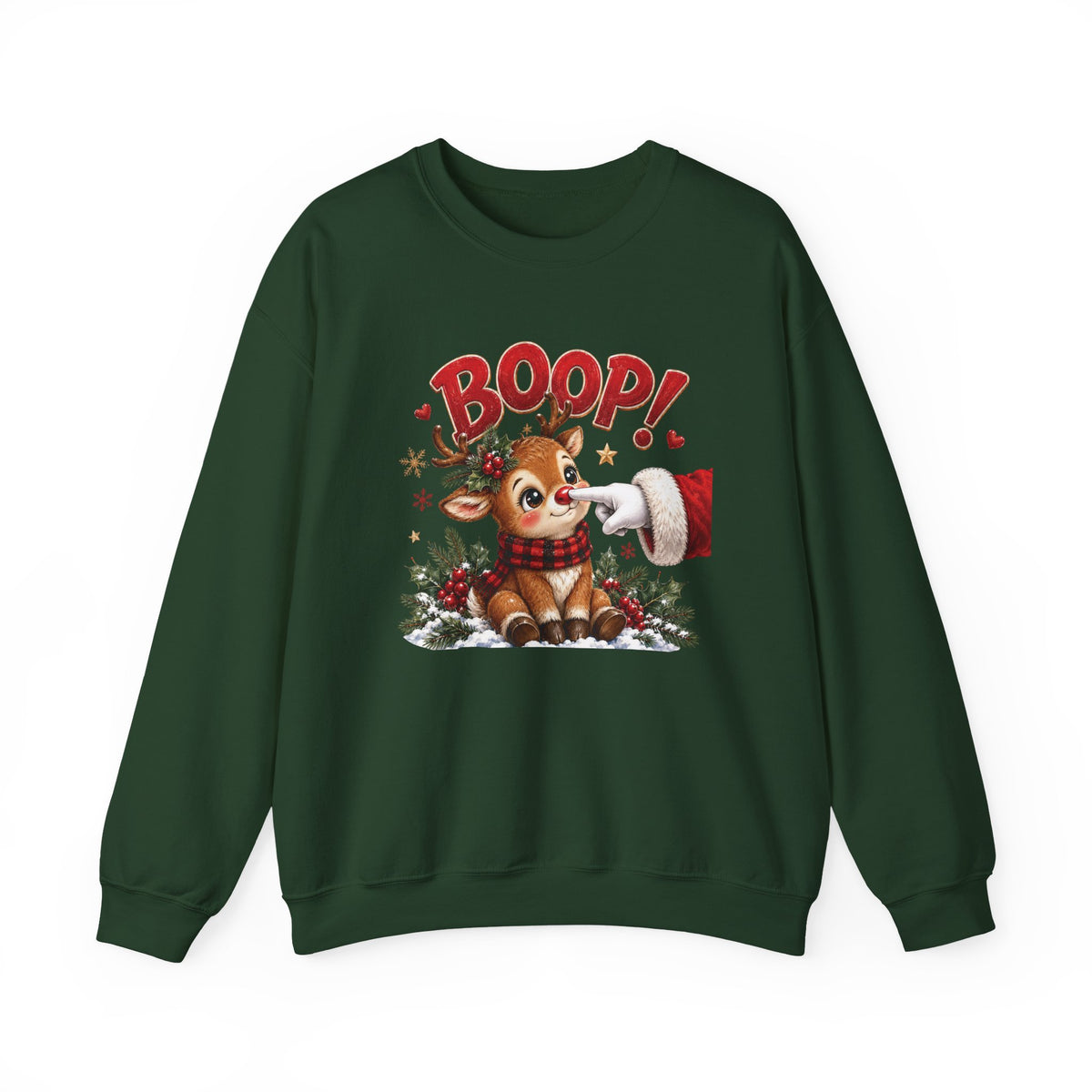 Forest Green Reindeer Boop Christmas sweatshirt with Santa booping the red nose of a cute baby reindeer, front view