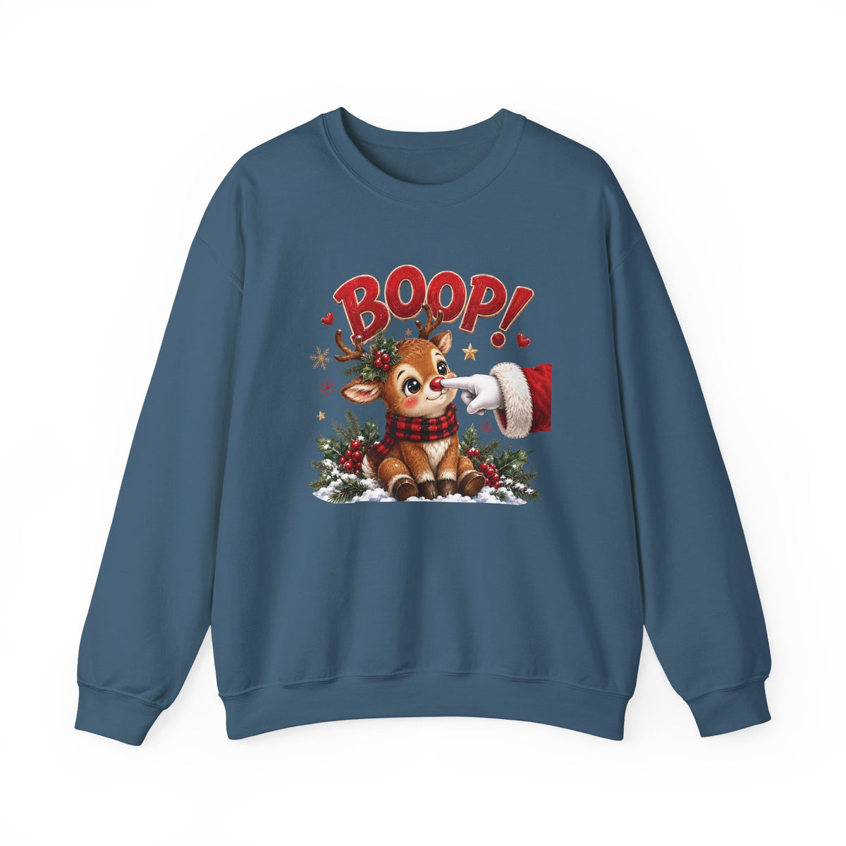 Indigo Blue Reindeer Boop Christmas sweatshirt with Santa booping the red nose of a cute baby reindeer, front view