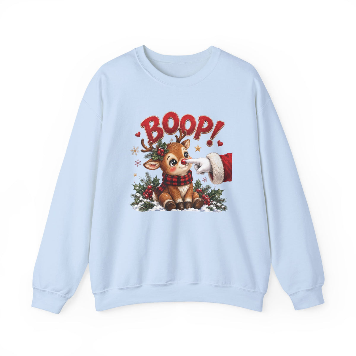 Light Blue Reindeer Boop Christmas sweatshirt with Santa booping the red nose of a cute baby reindeer, front view