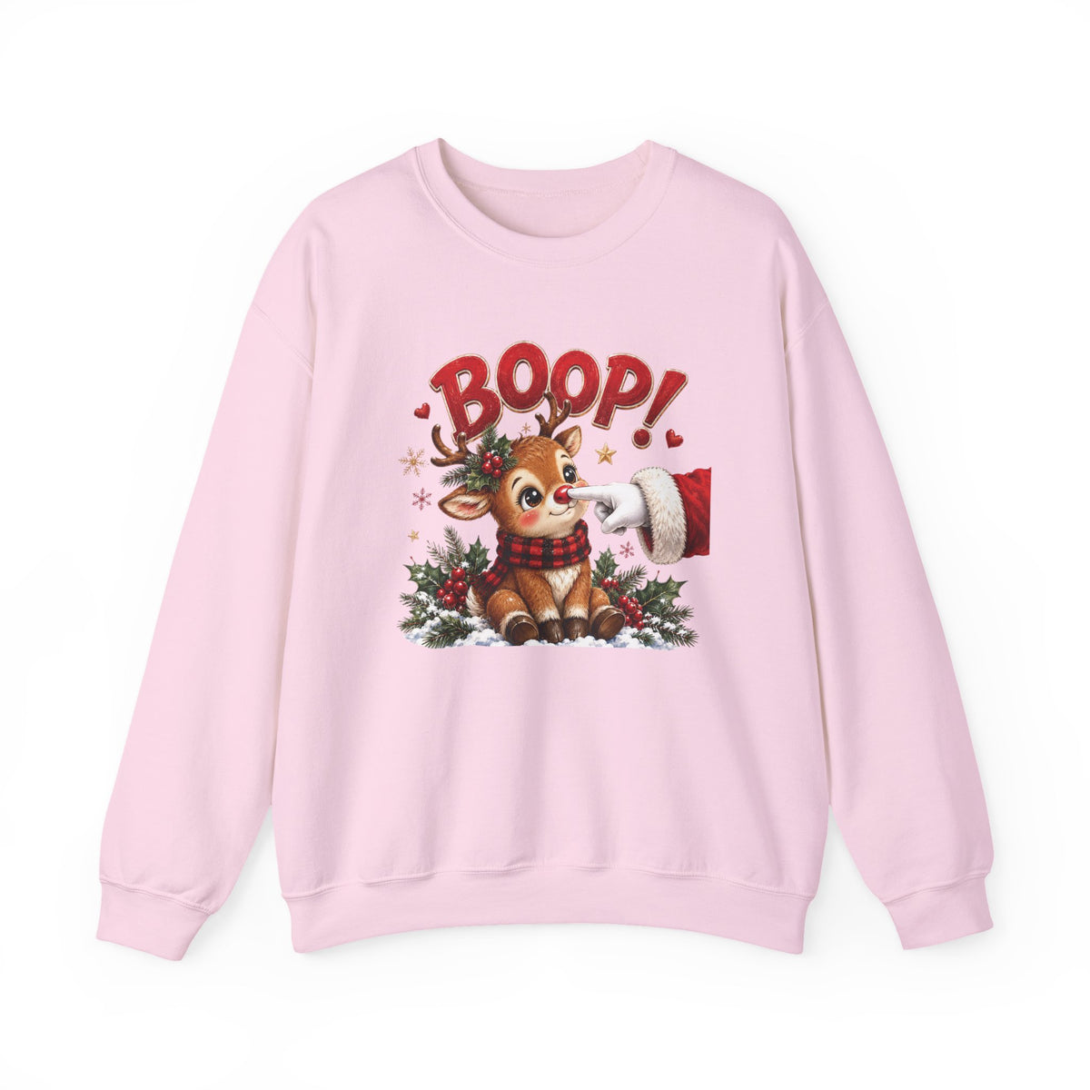 Light Pink Reindeer Boop Christmas sweatshirt with Santa booping the red nose of a cute baby reindeer, front view