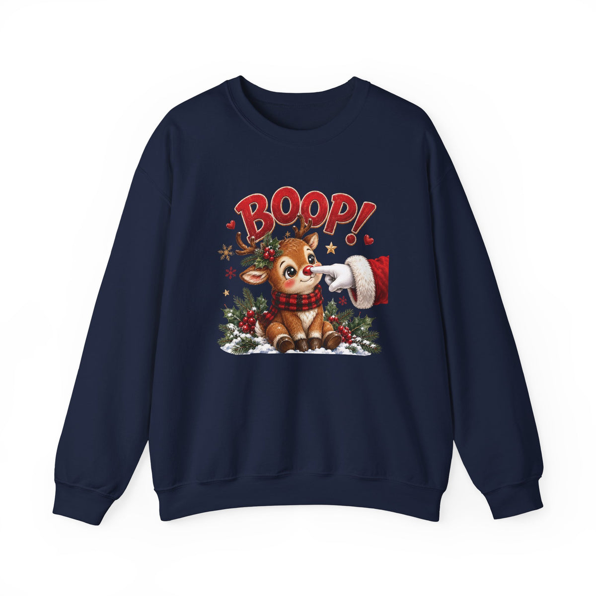 Navy Reindeer Boop Christmas sweatshirt with Santa booping the red nose of a cute baby reindeer, front view