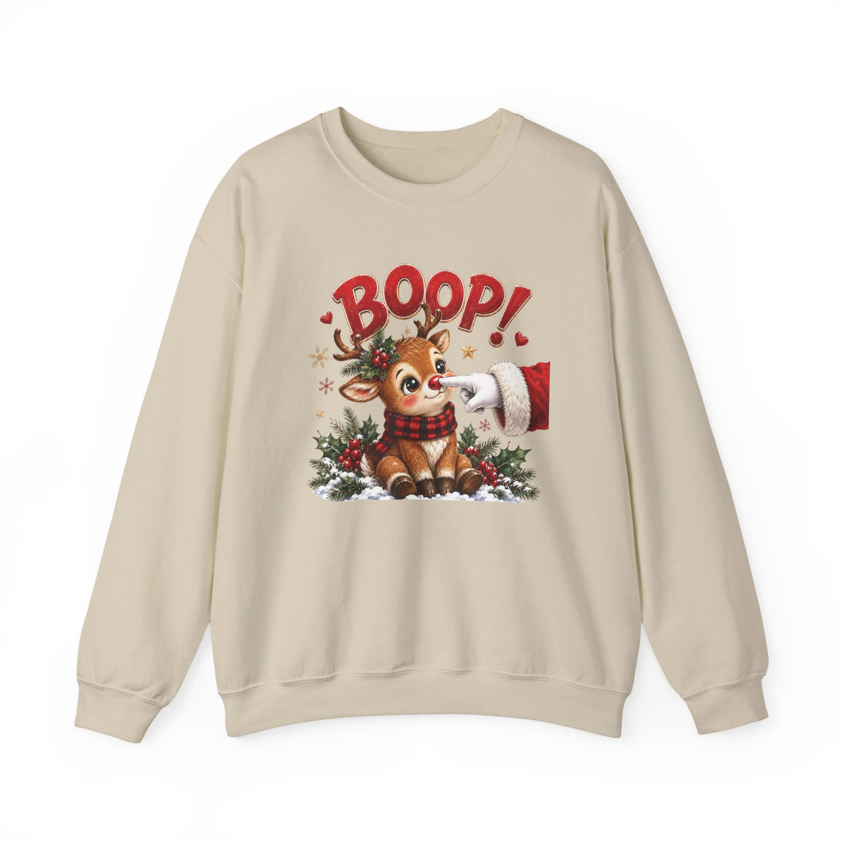 Sand Reindeer Boop Christmas sweatshirt with Santa booping the red nose of a cute baby reindeer, front view