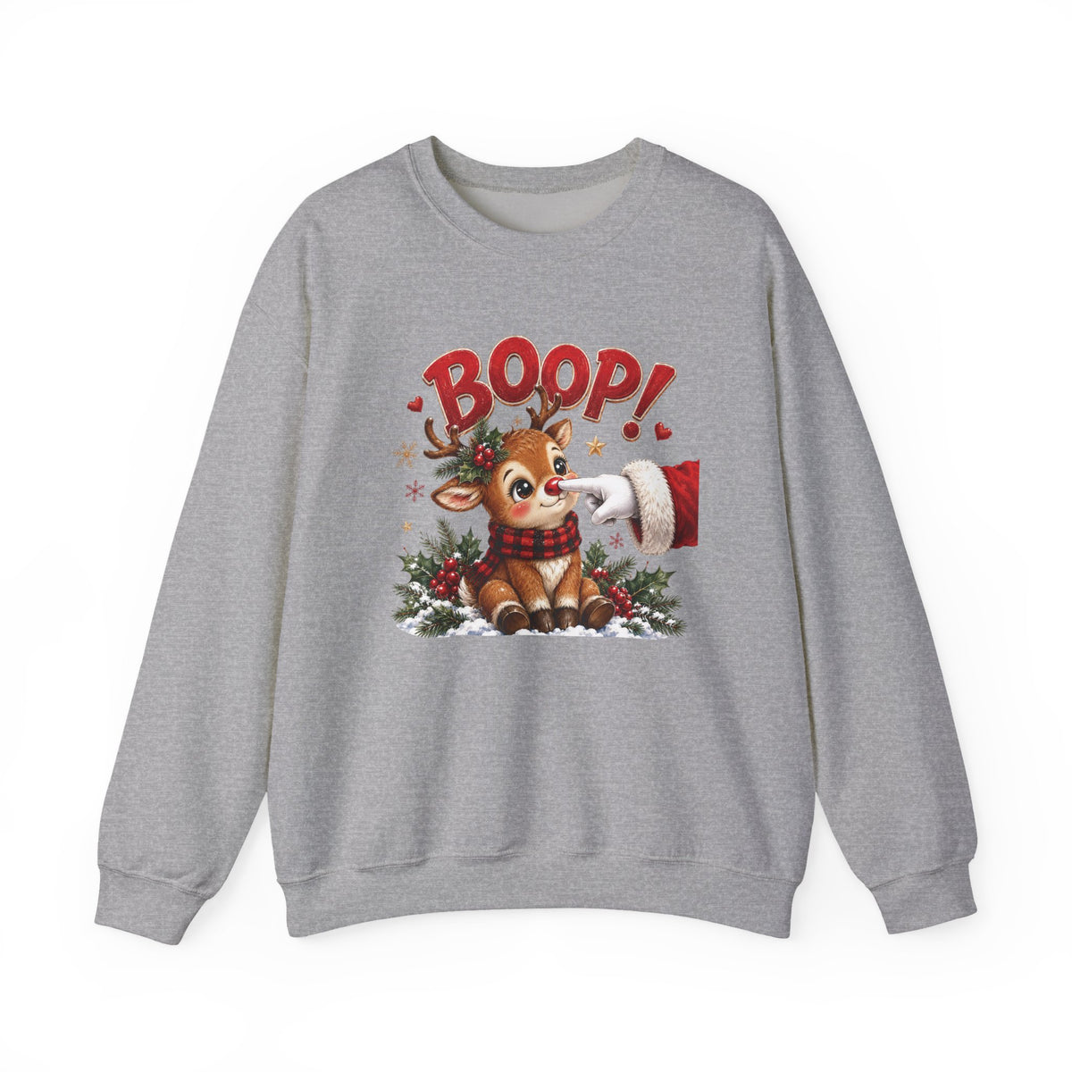 Sport Grey Reindeer Boop Christmas sweatshirt with Santa booping the red nose of a cute baby reindeer, front view