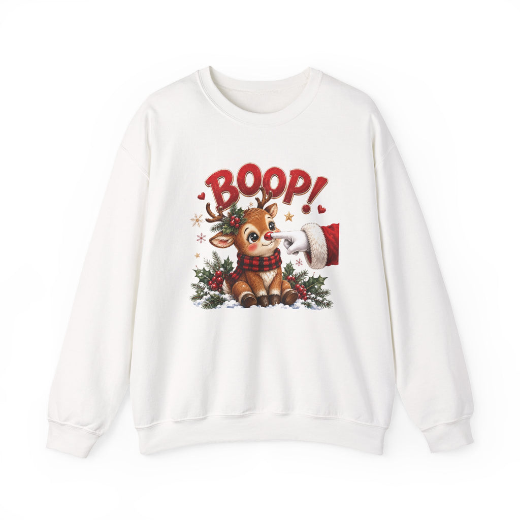 White Reindeer Boop Christmas sweatshirt with Santa booping the red nose of a cute baby reindeer, front view