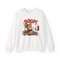 White Reindeer Boop Christmas sweatshirt with Santa booping the red nose of a cute baby reindeer, front view