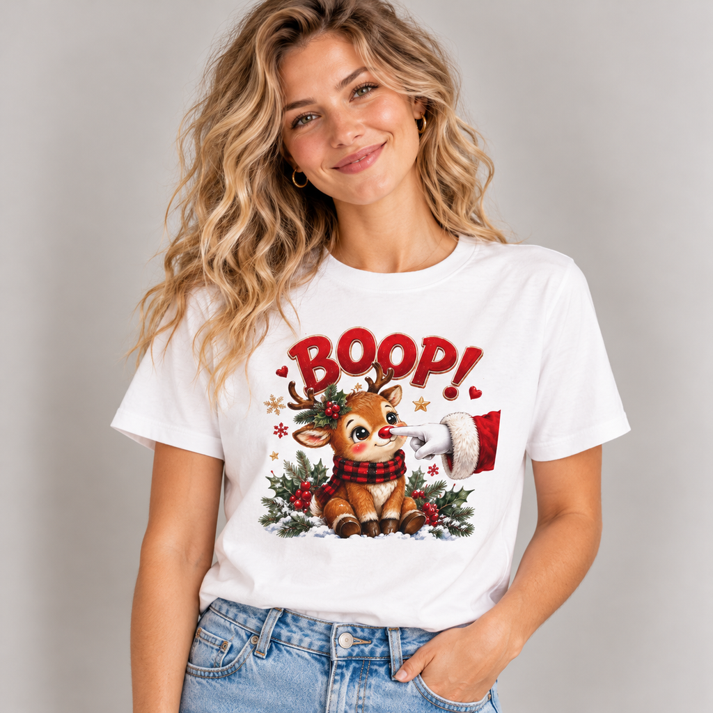 Woman wearing the White Reindeer Boop Christmas T-Shirt with jeans