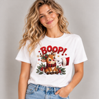 Woman wearing the White Reindeer Boop Christmas T-Shirt with jeans