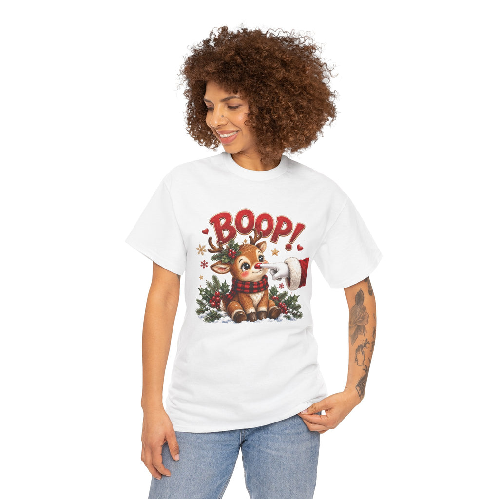 Model wearing the white Reindeer Boop Christmas T-Shirt