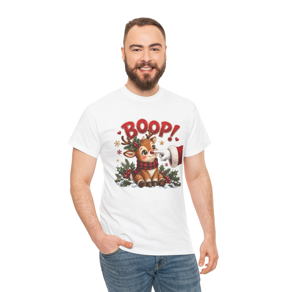 Model wearing the white Reindeer Boop Christmas T-Shirt