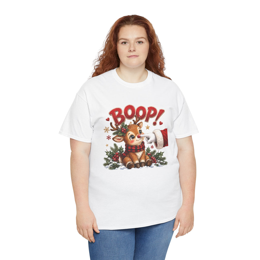 Model wearing the white Reindeer Boop Christmas T-Shirt