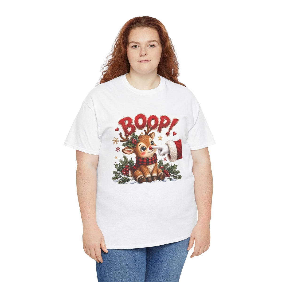 Model wearing the white Reindeer Boop Christmas T-Shirt