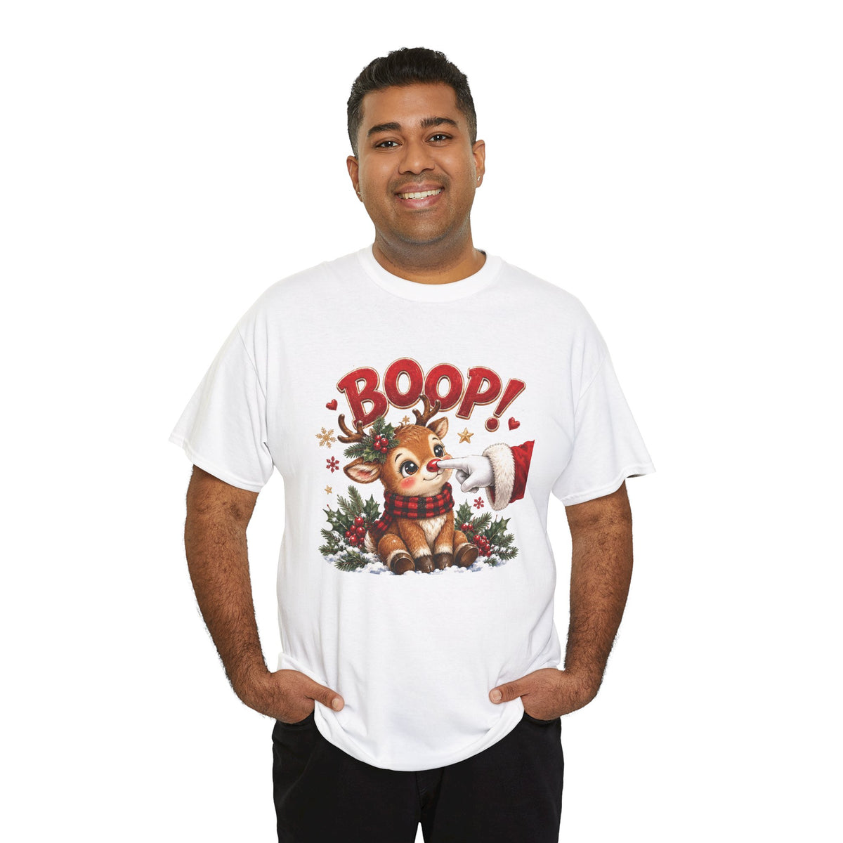 Model wearing the white Reindeer Boop Christmas T-Shirt