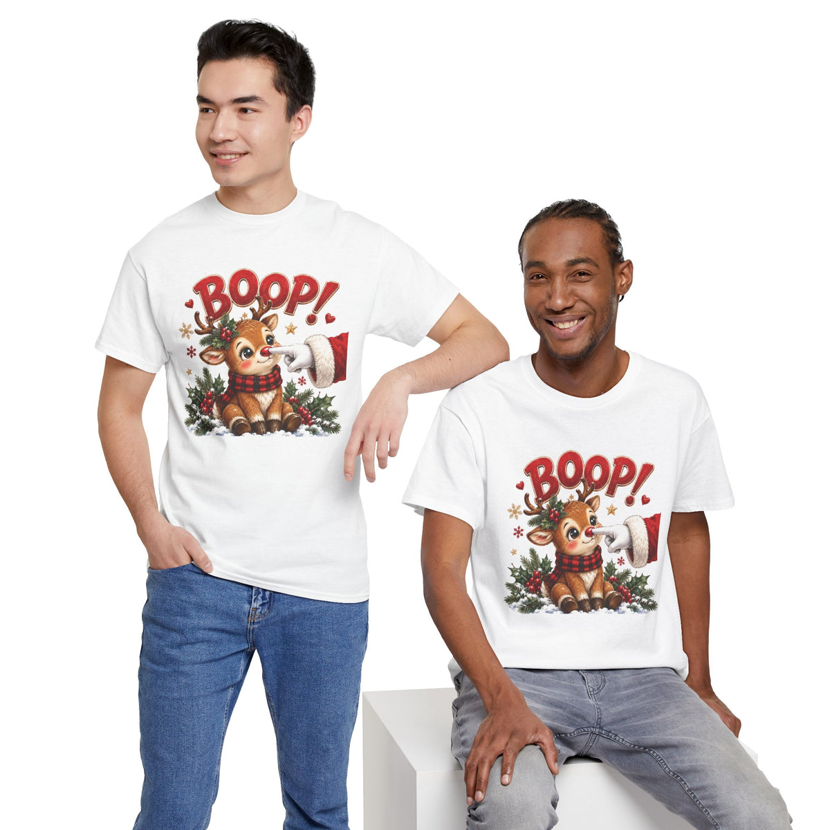 Model wearing the white Reindeer Boop Christmas T-Shirt