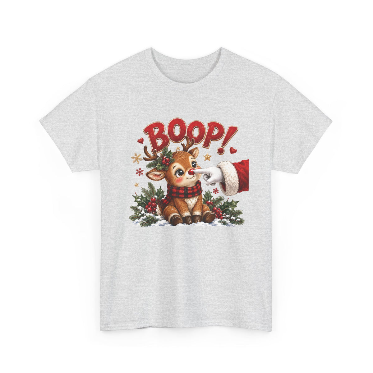 Ash Reindeer Boop Christmas t-shirt with Santa booping the red nose of a cute baby reindeer, front view