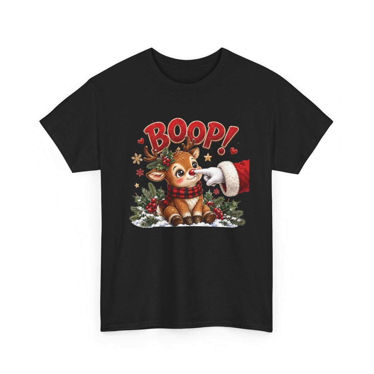 Black Reindeer Boop Christmas t-shirt with Santa booping the red nose of a cute baby reindeer, front view