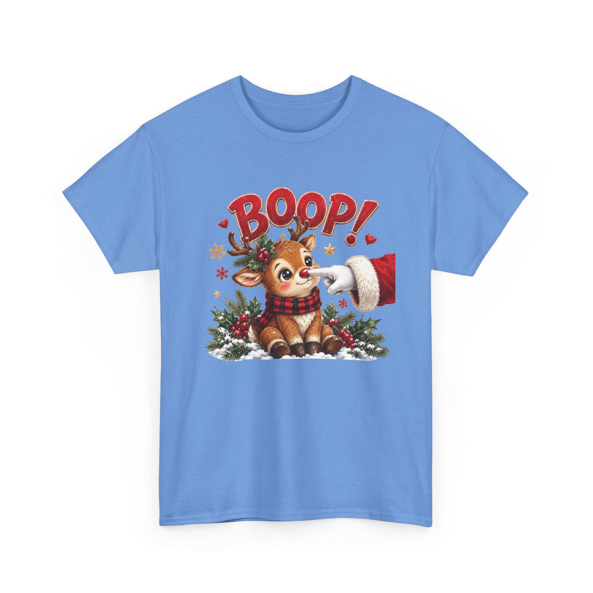 Carolina Blue Reindeer Boop Christmas t-shirt with Santa booping the red nose of a cute baby reindeer, front view