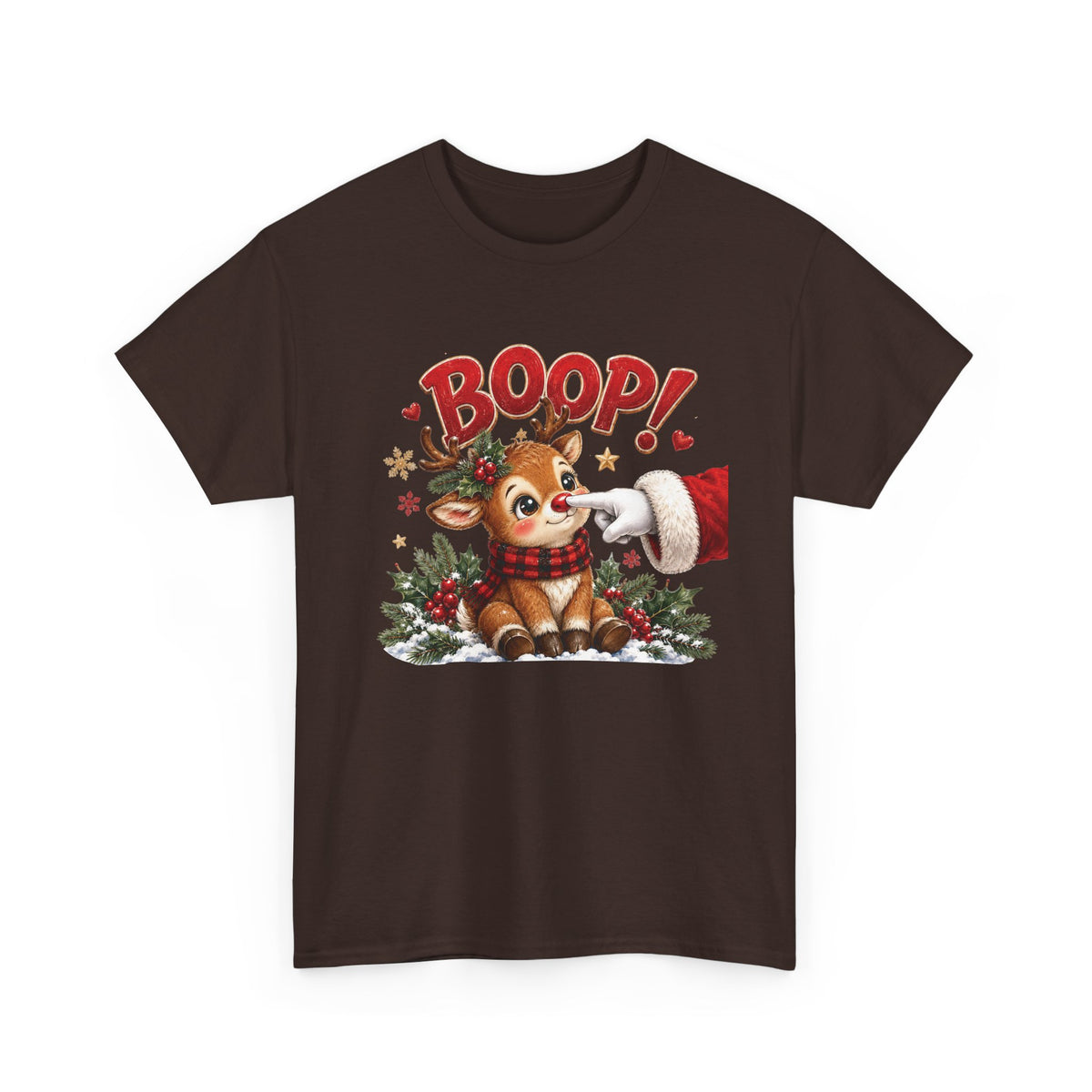 Dark Chocolate Reindeer Boop Christmas t-shirt with Santa booping the red nose of a cute baby reindeer, front view