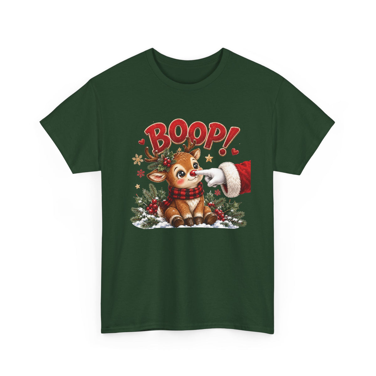 Forest Green Reindeer Boop Christmas t-shirt with Santa booping the red nose of a cute baby reindeer, front view
