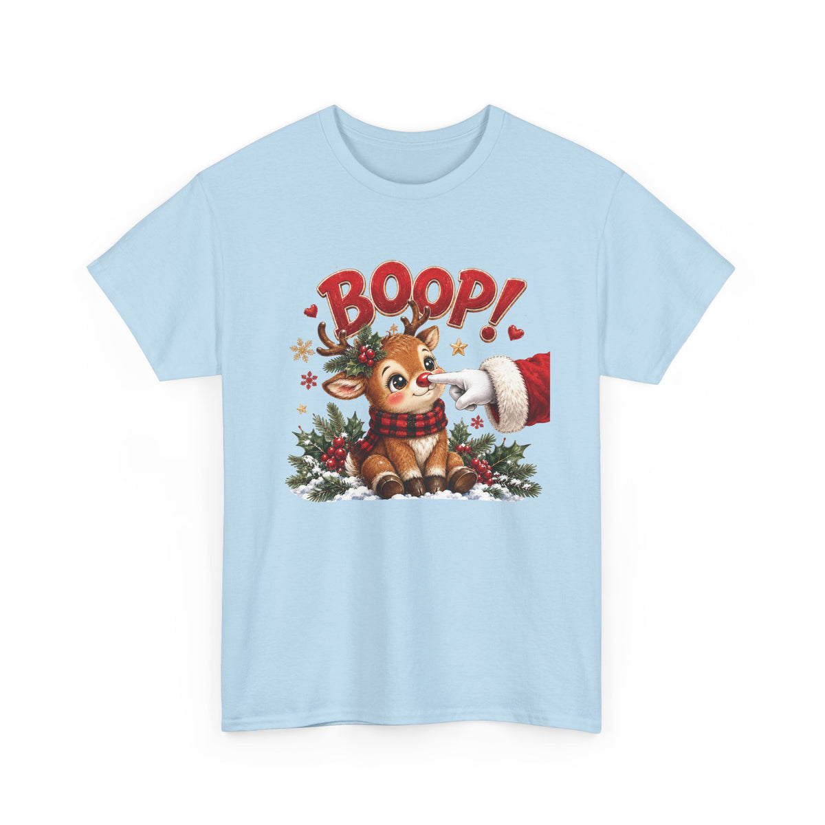 Light Blue Reindeer Boop Christmas t-shirt with Santa booping the red nose of a cute baby reindeer, front view