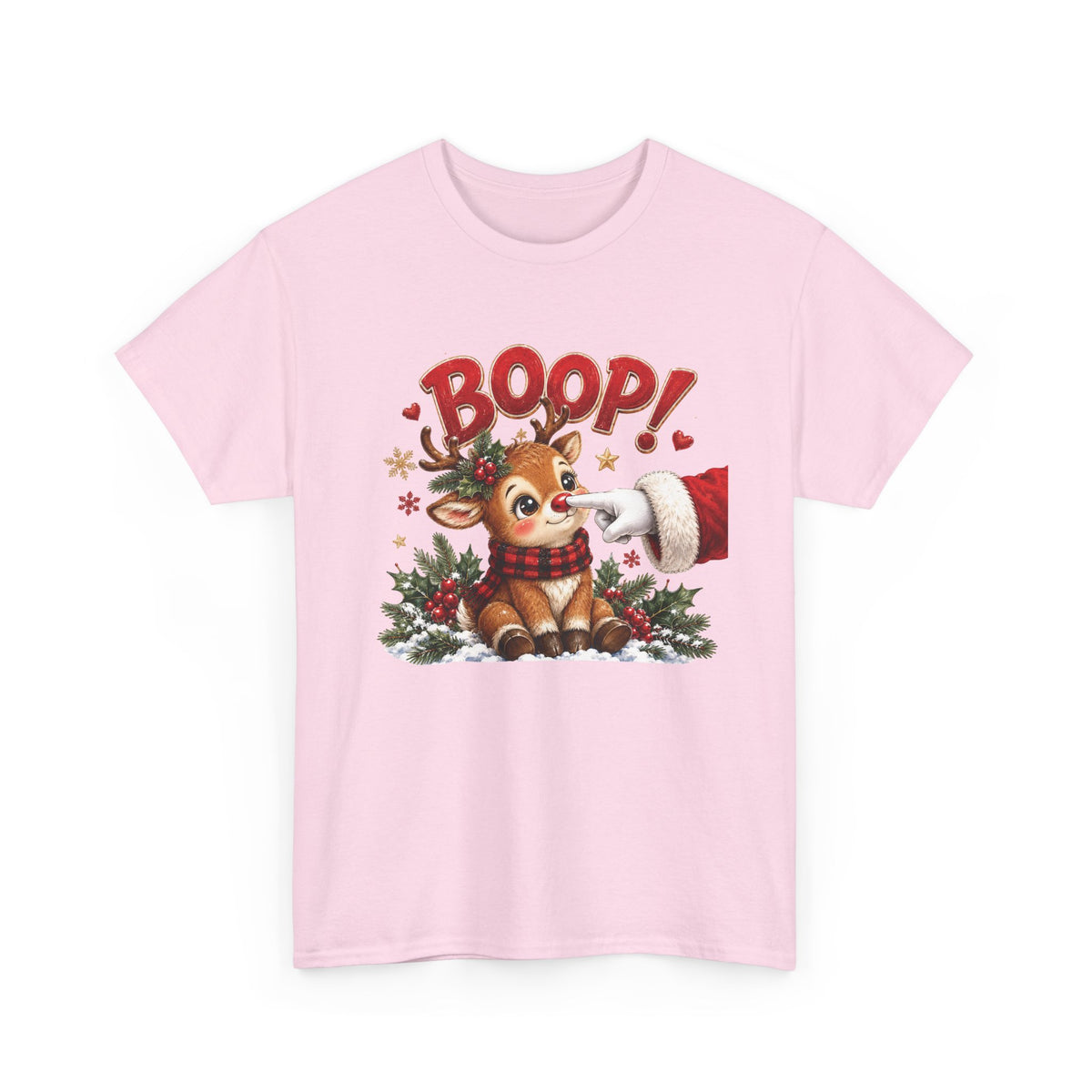 Light Pink Reindeer Boop Christmas t-shirt with Santa booping the red nose of a cute baby reindeer, front view