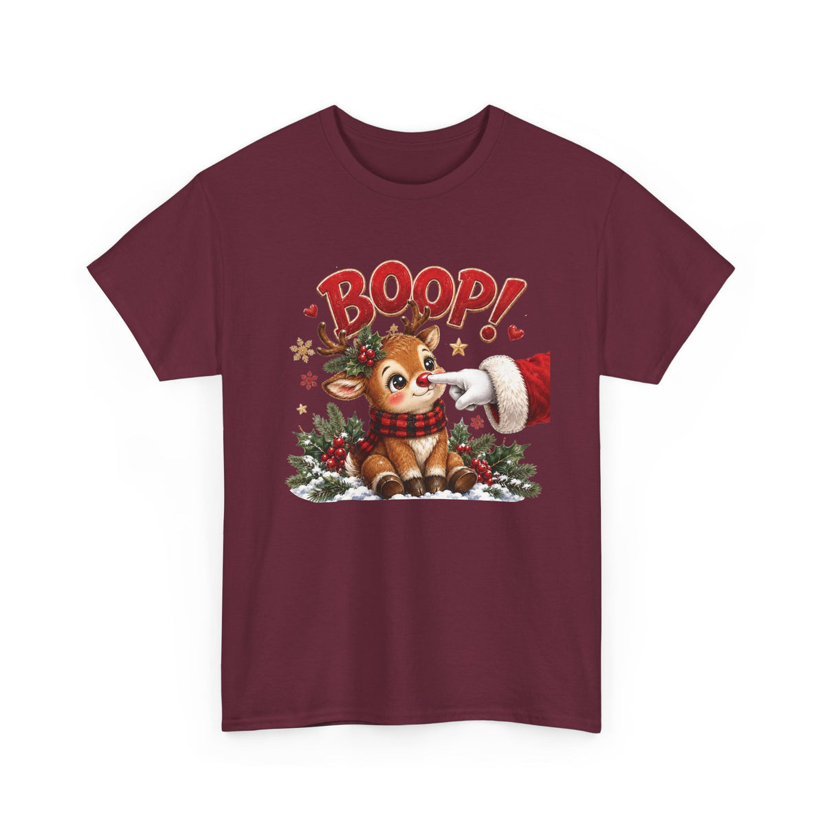 Maroon Reindeer Boop Christmas t-shirt with Santa booping the red nose of a cute baby reindeer, front view
