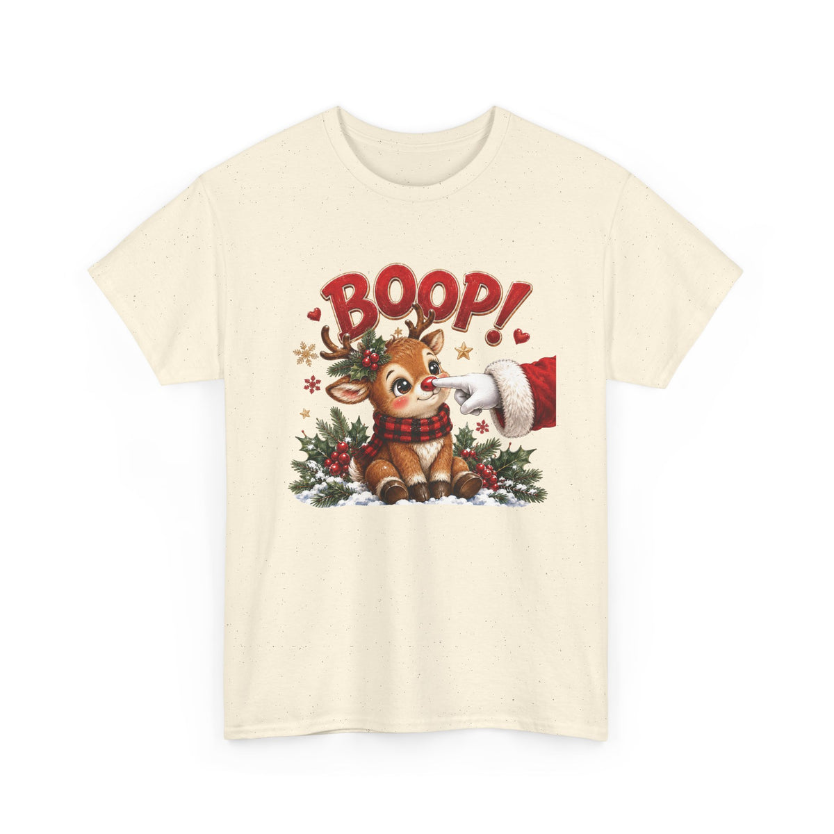 Natural Reindeer Boop Christmas t-shirt with Santa booping the red nose of a cute baby reindeer, front view