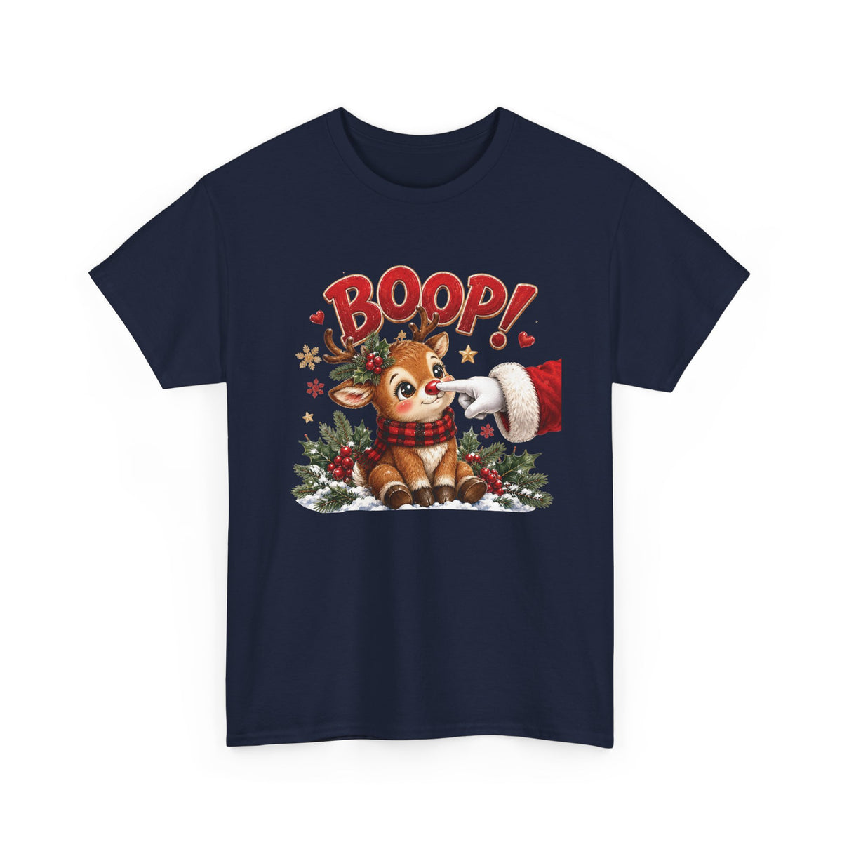 Navy Reindeer Boop Christmas t-shirt with Santa booping the red nose of a cute baby reindeer, front view