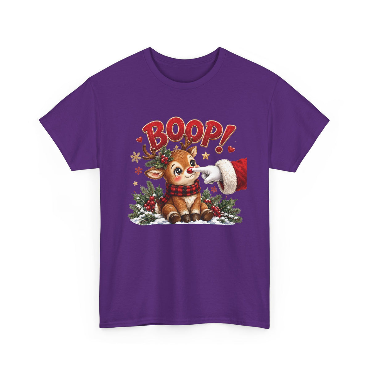 Purple Reindeer Boop Christmas t-shirt with Santa booping the red nose of a cute baby reindeer, front view