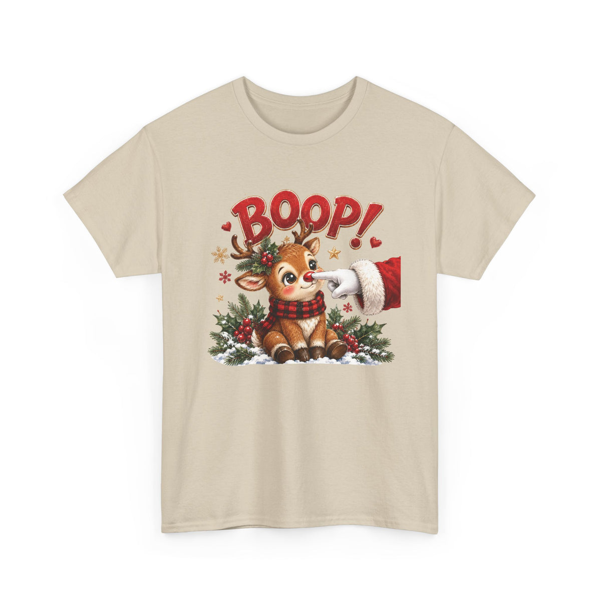 Sand Reindeer Boop Christmas t-shirt with Santa booping the red nose of a cute baby reindeer, front view