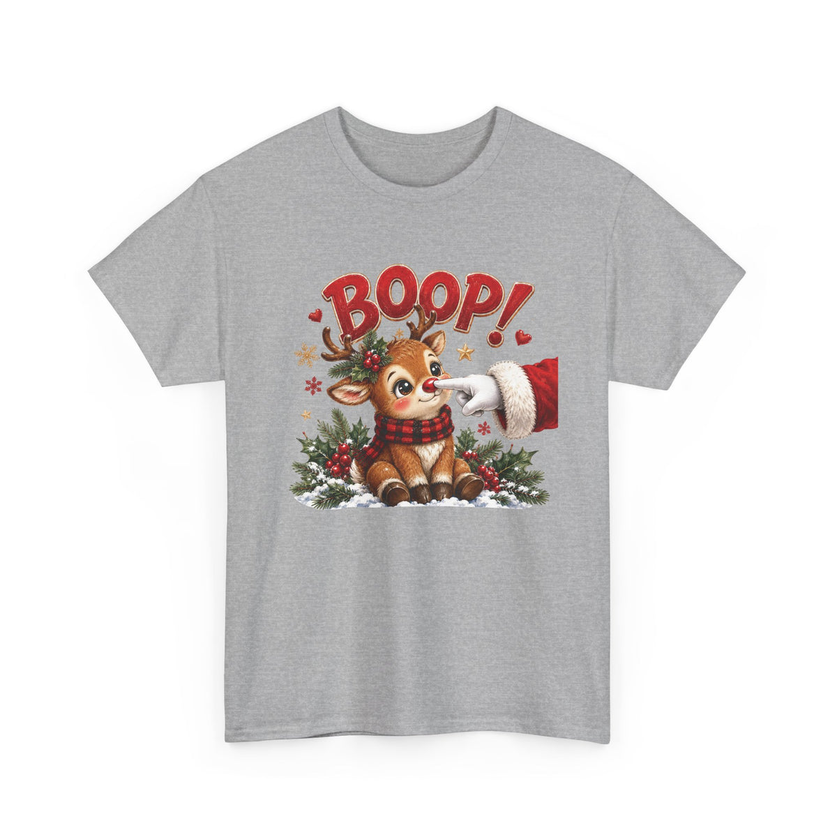 Sport Grey Reindeer Boop Christmas t-shirt with Santa booping the red nose of a cute baby reindeer, front view