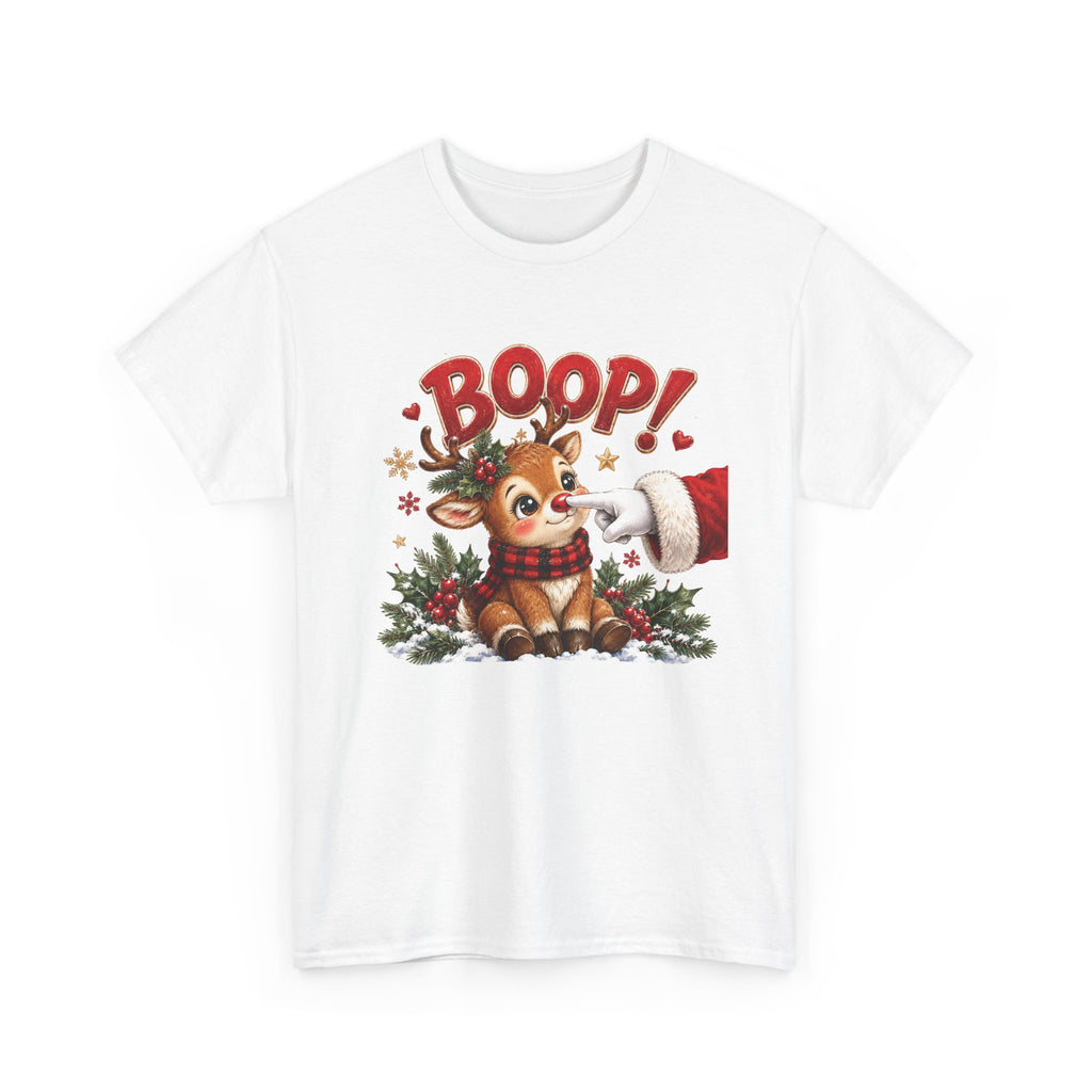 White Reindeer Boop Christmas t-shirt with Santa booping the red nose of a cute baby reindeer, front view