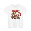 White Reindeer Boop Christmas t-shirt with Santa booping the red nose of a cute baby reindeer, front view