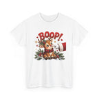 White Reindeer Boop Christmas t-shirt with Santa booping the red nose of a cute baby reindeer, front view