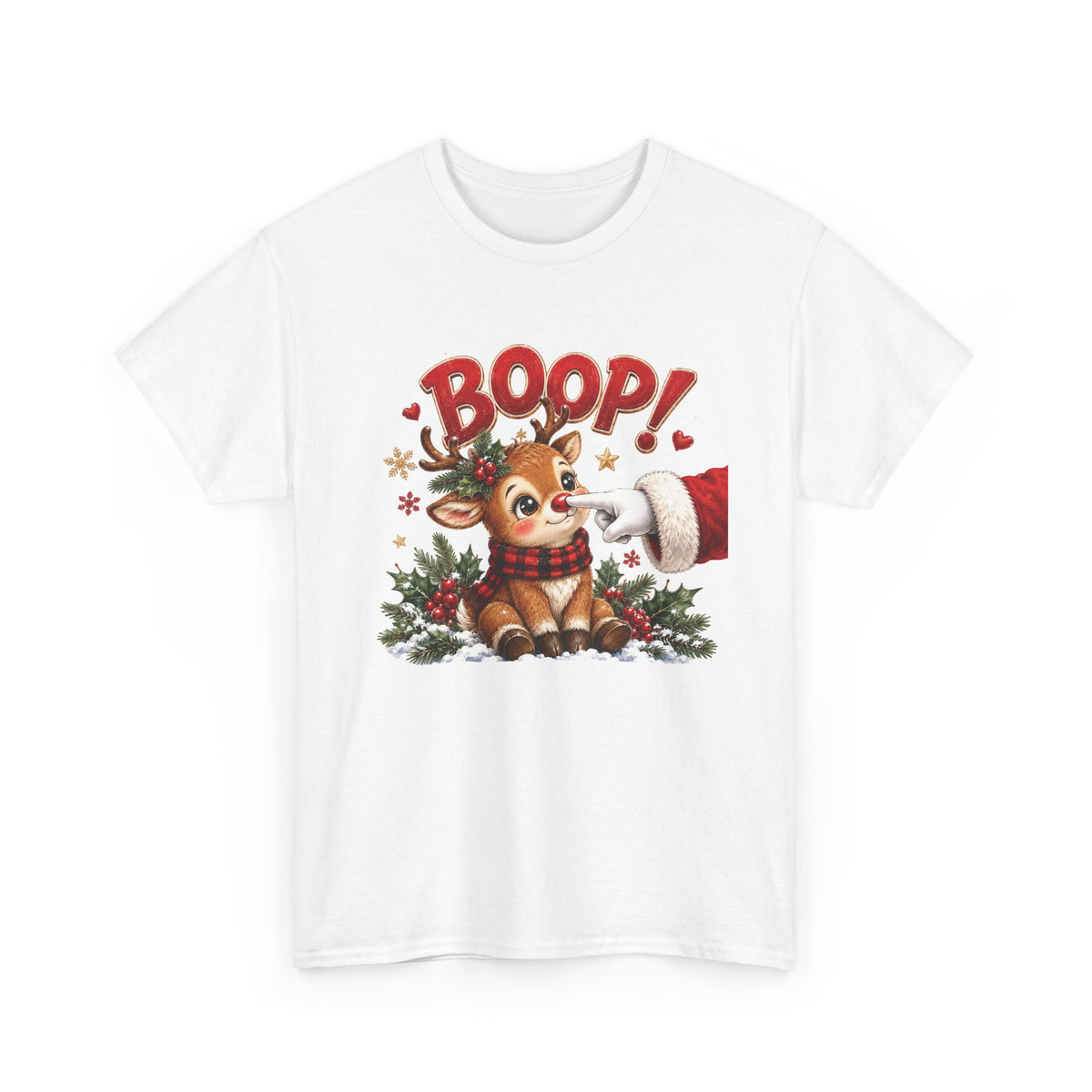 White Reindeer Boop Christmas t-shirt with Santa booping the red nose of a cute baby reindeer, front view