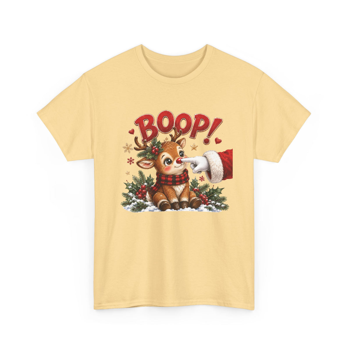 Yellow Haze Reindeer Boop Christmas t-shirt with Santa booping the red nose of a cute baby reindeer, front view