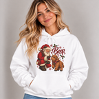 Woman wearing the White Santa Boop Highland Cow Hoodie with jeans