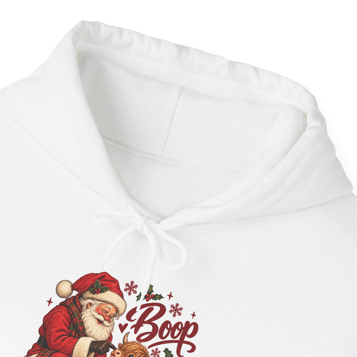 Santa Boop Highland Cow Hoodie, front collar close-up