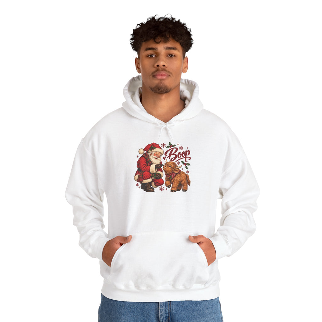 Model wearing the white Santa Boop Highland Cow Hoodie