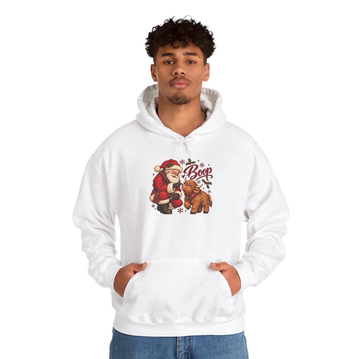 Model wearing the white Santa Boop Highland Cow Hoodie