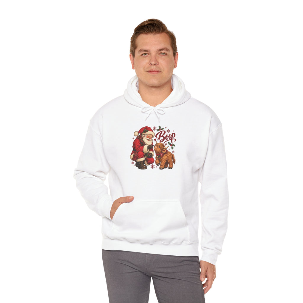 Model wearing the white Santa Boop Highland Cow Hoodie