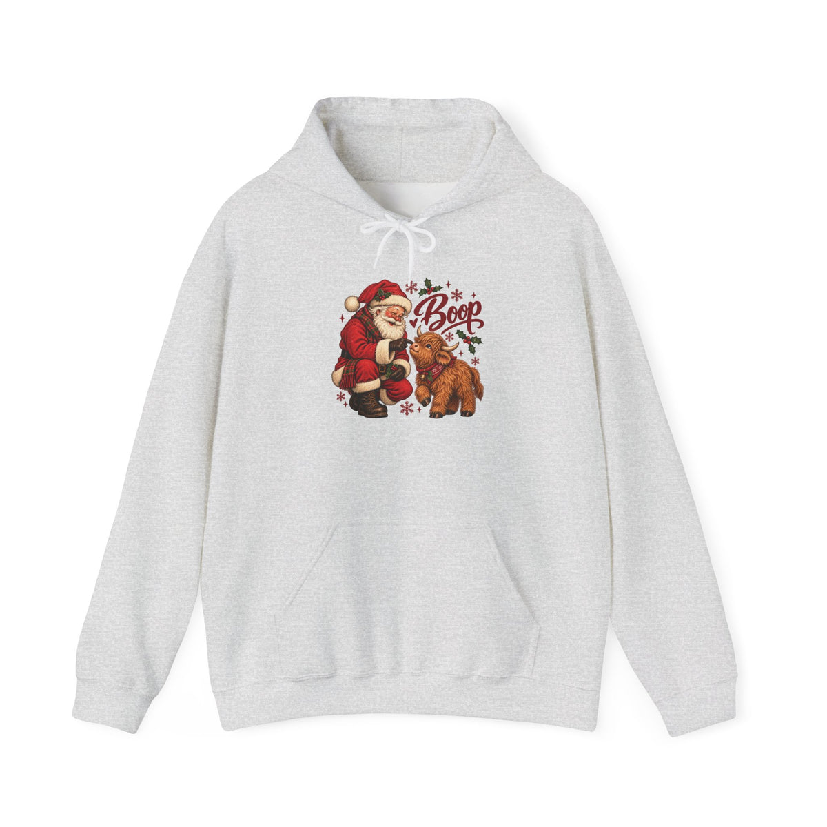 Ash Santa Boop Highland Cow hoodie with Santa booping the nose of a fluffy highland calf, front view