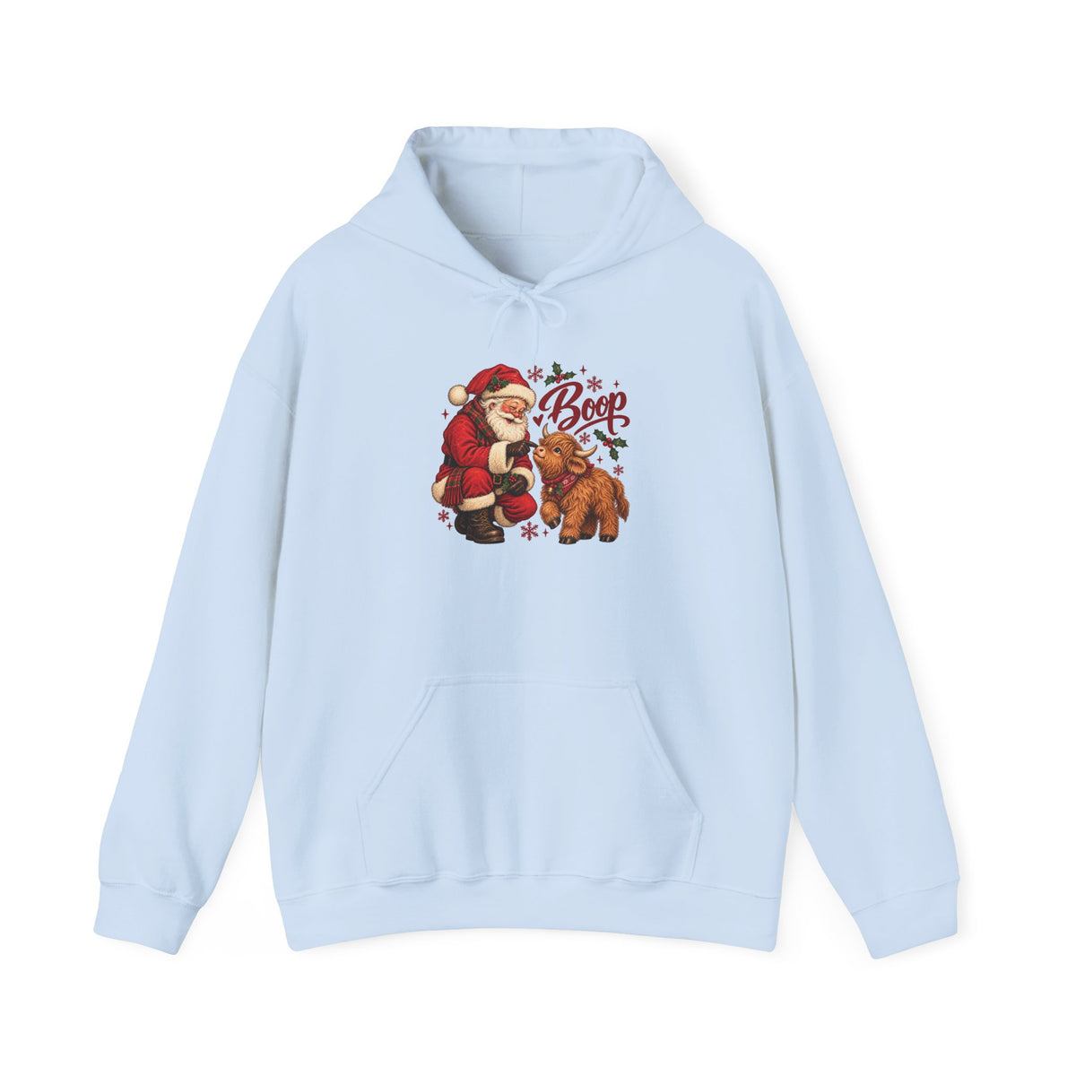 Light Blue Santa Boop Highland Cow hoodie with Santa booping the nose of a fluffy highland calf, front view