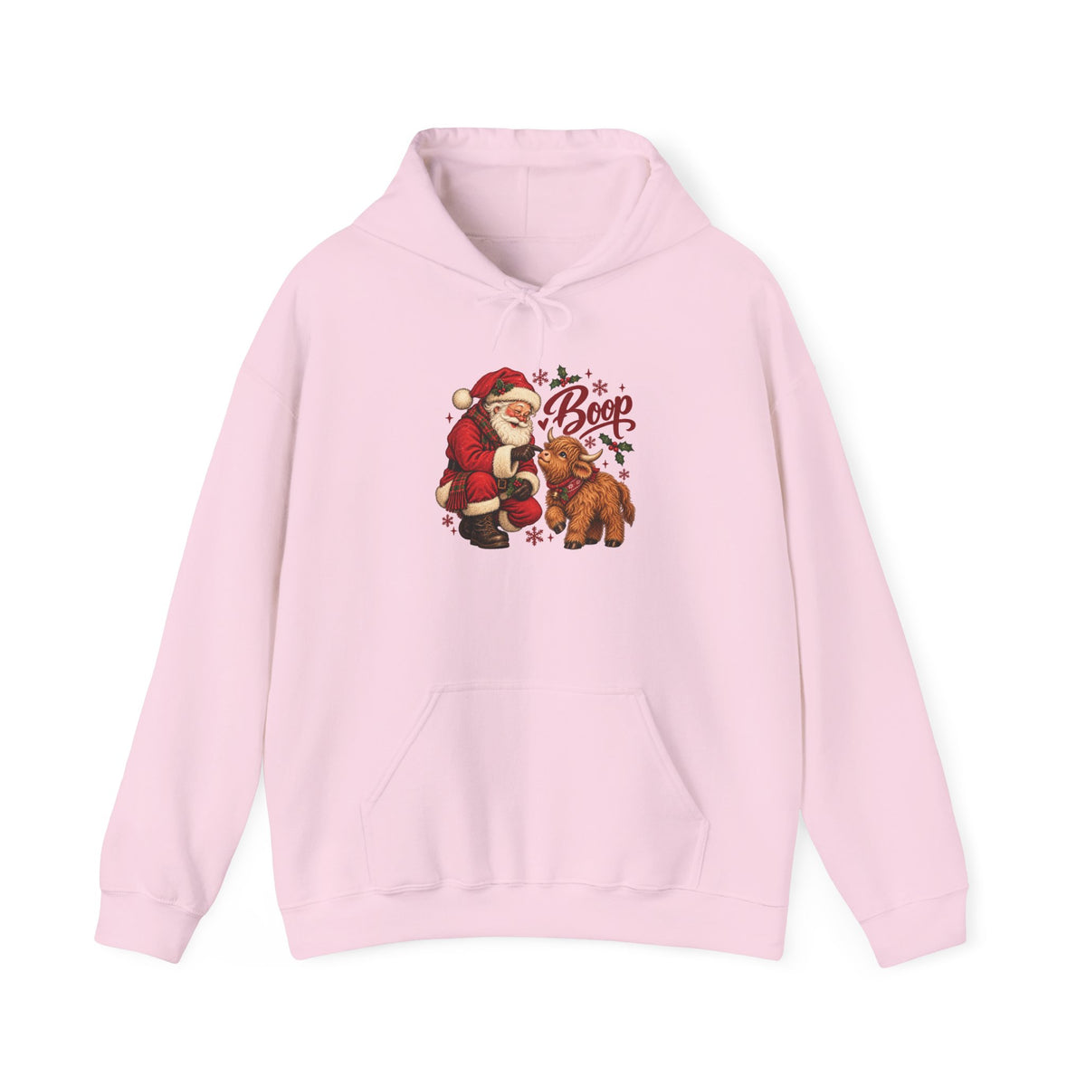 Light Pink Santa Boop Highland Cow hoodie with Santa booping the nose of a fluffy highland calf, front view