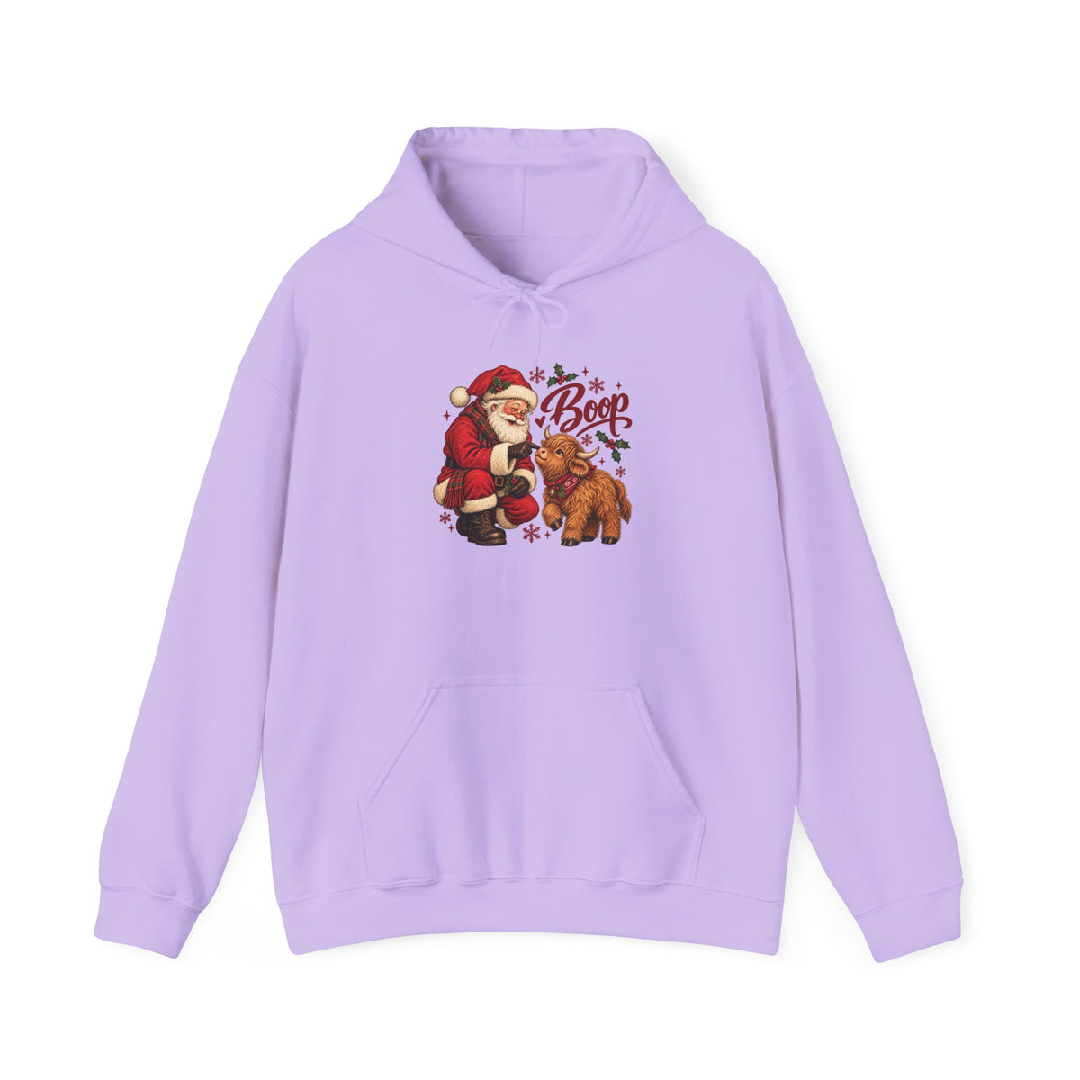 Orchid Santa Boop Highland Cow hoodie with Santa booping the nose of a fluffy highland calf, front view