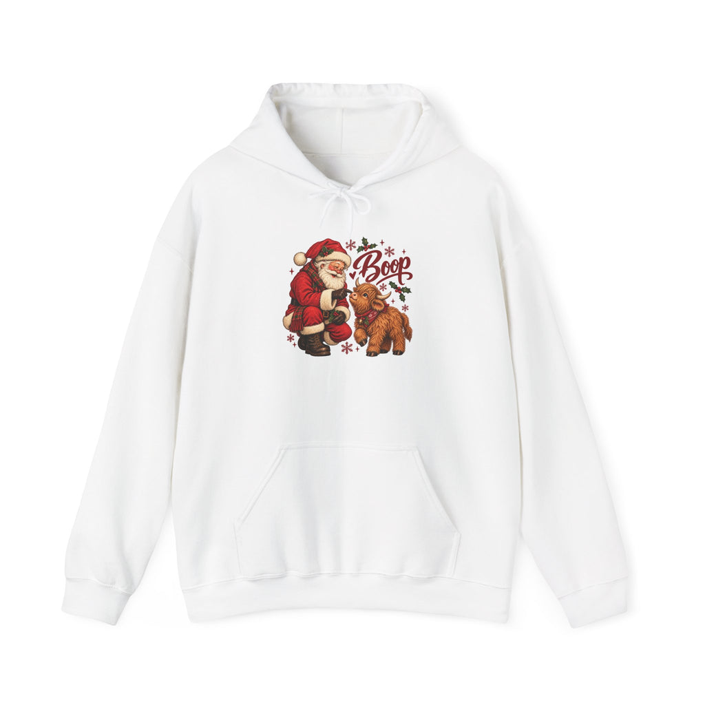 White Santa Boop Highland Cow hoodie with Santa booping the nose of a fluffy highland calf, front view