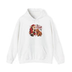 White Santa Boop Highland Cow hoodie with Santa booping the nose of a fluffy highland calf, front view