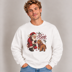 Man wearing the White Santa Boop Highland Cow Sweatshirt with jeans