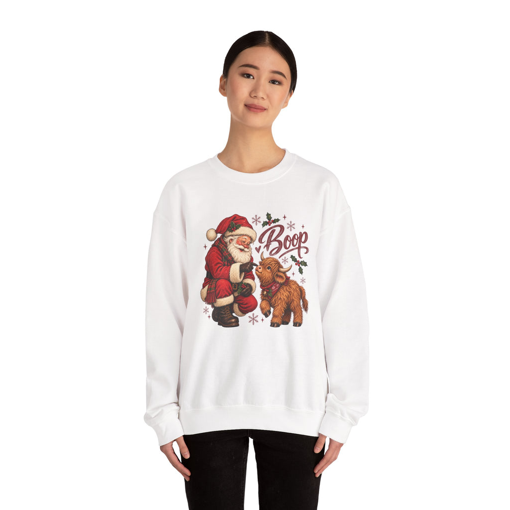 Model wearing the white Santa Boop Highland Cow Sweatshirt