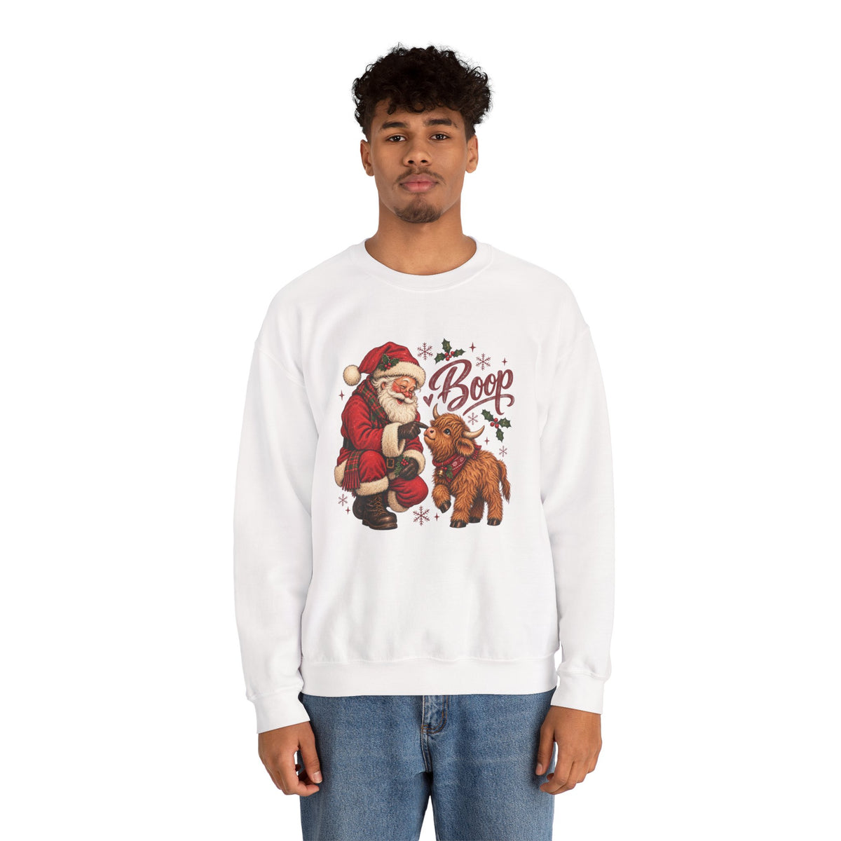 Model wearing the white Santa Boop Highland Cow Sweatshirt