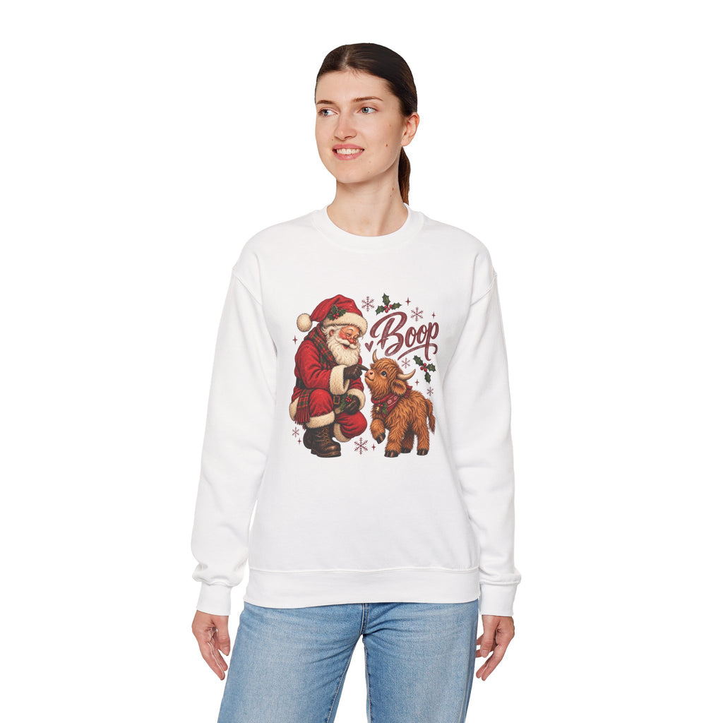 Model wearing the white Santa Boop Highland Cow Sweatshirt